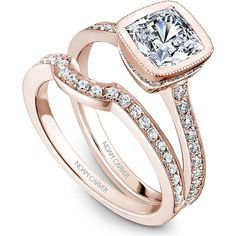 a rose gold engagement ring and wedding band set with an square cut diamond in the center