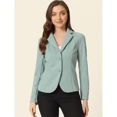 The curved hem and a fitted waist, make this formal blazer different from other blazers and add a stylish twist. Keep your work-wear wardrobe up-to-date by adding this pretty blazer. Pair it with a range of blouses and jeans, a pencil skirt, or cigarette pants, and show off your charming effortless OL style. This blazer suit jacket features a single-breasted design, a fitted waist, and regular hip-length, which make it comfortable for all-day wear. The lapel collar neckline and straight-cut cuff Elegant Green Blazer With Double Button Closure, Green Notch Lapel Blazer With Button Closure, Green Fitted Button-up Blazer, Green Single Breasted Button-up Blazer, Double-breasted Green Blazer With Double Button Closure, Formal Blazer, Spring Blazer, Crop Blazer, Lapel Blazer