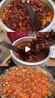 three pictures showing different types of food being cooked