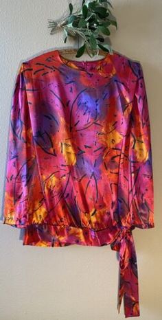 Vtg Toni Todd Blouse Size 16 Red Pink Long Sleeve Colorful Abstract Tie Waist  | eBay Red Tops With Vibrant Print For Fall, Vibrant Red Tops For Fall, Vibrant Red Top For Fall, Fitted Blouse With Vibrant Print, Vibrant Red Long Sleeve Tops, Red Blouse With Vibrant Print For Spring, Vibrant Red Floral Print Blouse, Fitted Pink Blouse With Vibrant Print, Fitted Red Top With Vibrant Print