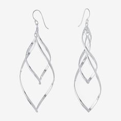 two pairs of silver earrings on a white background, one is shaped like a wave