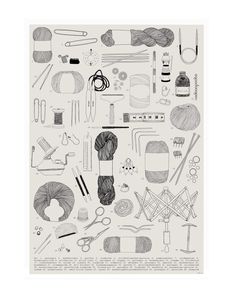 a poster with knitting supplies and yarns on it's back side, in black and white