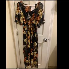 Black & Flowered Sheer Maxi Dress- Xs- Nwt- Sleeves- Tie Around The Waist- Black Adjustable Slip Attached To Dress 52” Length 15” Width Pit To Pit 32” From Top Strap To Bottom For Slip Fall Beach Floral Print Dress, Black Floral Print Summer Maxi Dress, Black Floral Print Dress For The Beach, Flowy Black Floral Dress For Beach, Black V-neck Floral Dress For Beach, Fall Floral Print Orange Maxi Dress, White Strapless Maxi Dress, Flower Maxi Dress, Long Summer Dresses Maxi