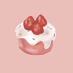 Small pink korean cake illustration with white annd sprinkle frosting and three strawberries on top Korean Cake Illustration, Dessert Art Illustration, Baked Goods Illustration, Cake Illust, Cute Cake Illustration, Cake Art Drawing, Cake Draw, Korean Cakes