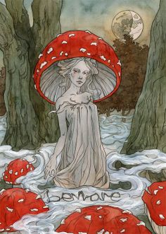 a painting of a woman holding an umbrella in the water with red mushrooms around her