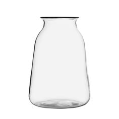 a clear glass vase with a black top on a white background, it is empty and ready to be used as a vase