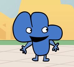 a blue cartoon character standing in front of a desert