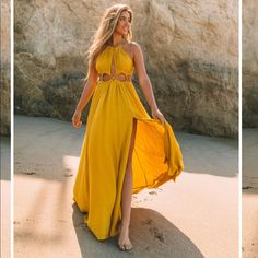 Beautiful Yellow Maxi Dress With Cutout Sides. Halter Closure, 100% Rayon, And Size Small. Makes For The Perfect Lightweight Summer Dress. Gold Halter Neck Maxi Dress For Summer, Mustard Maxi Dress For Beach, Yellow Halter Neck Sundress For Beach Season, Mustard Maxi Beach Dress, Flowy Yellow Halter Neck Dress, Yellow Flowy Halter Neck Dress, Yellow Halter Neck Sundress For Party, Yellow Halter Neck Dress For Beach Season, Chic Mustard Maxi Dress For Day Out