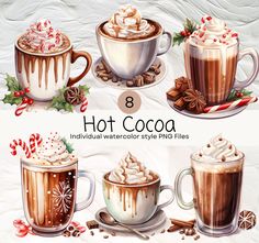 hot cocoa drinks with whipped cream and candy canes