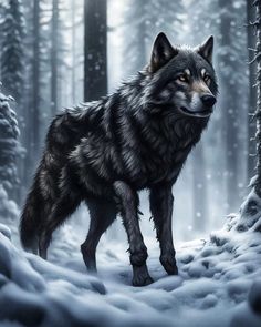 a wolf standing in the middle of a snowy forest