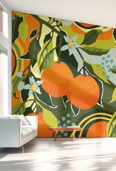 an orange and green wall mural in a living room