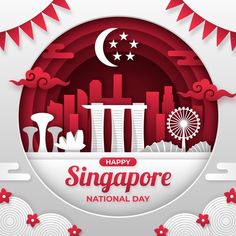 happy singapore national day card with red and white paper cut out cityscape on the background