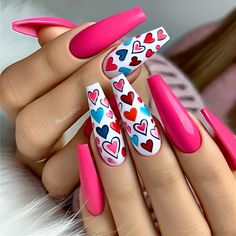 Embrace a cute and romantic vibe with this vibrant pink nail art featuring overlapping hearts in red, white, blue, and black. #pressonnails #nailsofinstagram #naildesign #nailsoftheday #fallnails #fallnailcolors #fallnailcolors Valentine Heart Nails, Heart Nail, Pink Nail Art, Pink Nail, Fall Nail Colors, Heart Nails, Valentine Heart, Blue And Black, Red White Blue