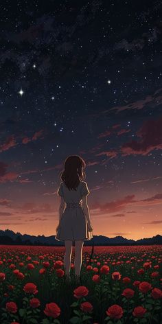 a girl standing in a field looking at the stars