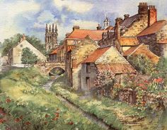 a painting of an old village with flowers on the ground and buildings in the background