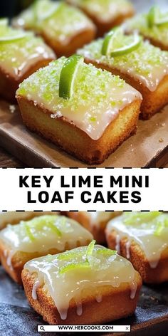 key lime mini loaf cakes with frosting on top and below the image, there are several pieces of cake that have been cut in half