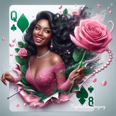 a woman holding a rose in her hand and playing cards on the table with hearts around her