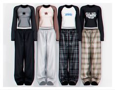 three women's pajama pants are lined up next to each other in different colors