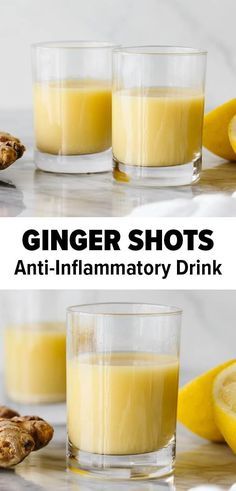 ginger shots in glasses with lemons and ginger on the side