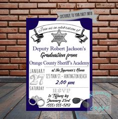 a graduation party card with a police badge on it