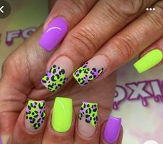 Short Nails Ideas Neon, Animal Print Nail Tips, May Nails Square, Bright Leopard Nails, Neon Leopard Print Nails, Bright Animal Print Nails, Neon Cheetah Print Nails, Neon Cheetah Nails, Cute Neon Nail Ideas