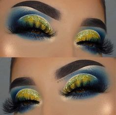 Crazy Eye Makeup, Yellow Eye Makeup, Gold Makeup Looks, Bold Eye Makeup, Carnival Makeup, Doll Eye Makeup, Face Art Makeup