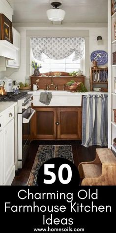 an old fashioned kitchen with white cabinets and wood flooring is featured in the magazine 50 charming old farmhouse kitchen ideas