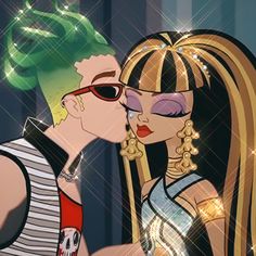 two people kissing each other in front of a mirror with green hair and sunglasses on