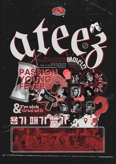 a poster with the words ates written in red and black on it, surrounded by photos