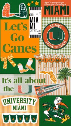 an image of many different stickers on the side of a wall with words that say, let's go canes it's all about university miami