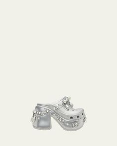 Simone Rocha X Crocs foam and EVA rubber platform clogs with spike, crystal, and pearly stud trim     3.50 in / 90 mm block heel    Round toe with cutout detailing     Easy slide style    Lightweight, flexible EVA outsole    Imported Siren Clog Crocs Outfit, Croc Crush Clog, Crocs Crocband Platform, Simone Rocha Crocs, Clogs Men, Crocs Platform Clog, Platform Crocs, Platform Clogs, Evening Flats