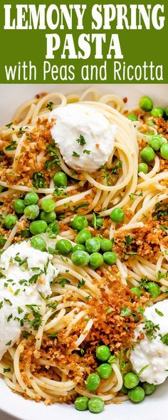 lemony spring pasta with peas and ricotta in a white bowl topped with sour cream