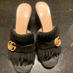 Gucci Marmont Fringe Suede Slides. Size Is 40 And In Good Used Condition. Soles Show Wear And Scuffs. No Box And No Dust Bags. Suede Slides, Shoes Gucci, Gucci Marmont, Gucci Shoes, Slides, Dust Bag, Size 10, Gucci, Women Shoes