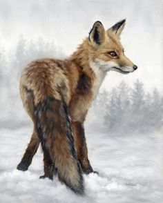 a painting of a fox in the snow