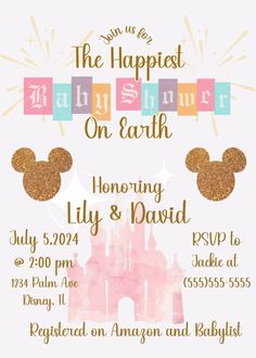 a pink and gold birthday party with mickey mouse ears on the front, and an image of