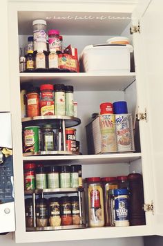 an open cabinet filled with lots of different types of spices and condiments on it