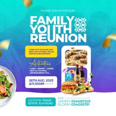 a flyer for a family youth reunion with food and drinks on the table in front of it