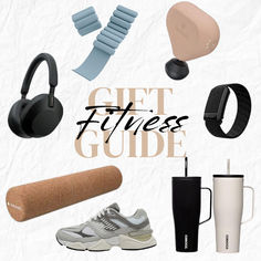 various items that include headphones, an exercise mat, and a coffee mug with the words get fitness on it