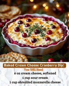 baked cream cheese cranberry dip recipe in a bowl with crackers and christmas decorations