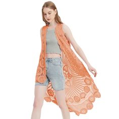 Add a touch of boho chic to your wardrobe with the Bohemian Crochet Lace Vest. This lightweight, open-front sleeveless cardigan features a stunning cut-out flower lace design, an asymmetric hem, and a loose, oversized fit that flatters all body types. Crochet Lace Vest, Crop Denim Vest, Long Cardi, Bohemian Crochet, Denim Vests, Floral Corset, Lace Vest, Corset Lace, Sleeveless Cardigan