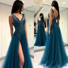 Long Evening Gowns Lace Applique Teal Green Prom Dress Beaded V Neck Long Women Party Formal Dress on Luulla Prom Dresses Long Blue, Prom Dresses Long Lace, Lace Evening Gowns, Tulle Evening Dress, Evening Party Gowns, Long Evening Gowns, Green Prom Dress, Women's Evening Dresses