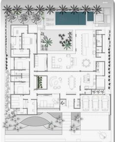 an aerial view of the floor plan of a house with swimming pool and outdoor furniture