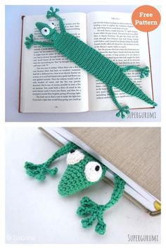 crocheted bookmarks with an image of a green lizard on top and bottom