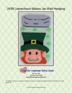 a cross stitch pattern for a leprechan mason jar wall hanging with a smiling face