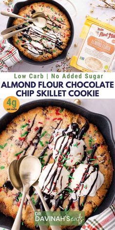 two pictures showing how to make an almond flour chocolate chip skillet cookie with white icing and sprinkles