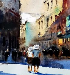 watercolor painting of people walking down the street