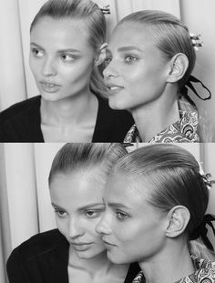 two women are posing for the camera with their hair pulled back and one is wearing a ponytail