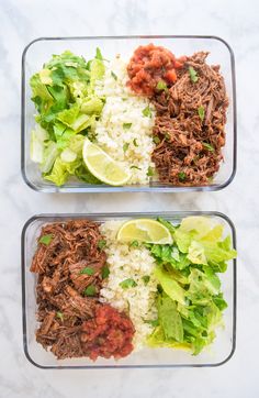 two plastic containers filled with meat, rice and lettuce