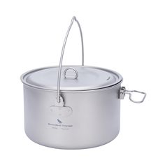 a stainless steel pot with a handle on the side and a lid attached to it