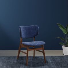 a blue chair next to a potted plant in a room with dark blue walls